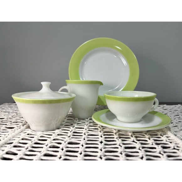 Pyrex Vintage Milk Glass White with Lime Green Rim Tea Set - Picture 1 of 9